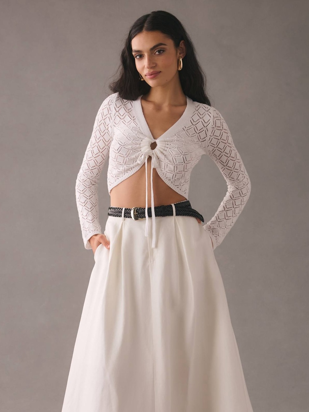 Maeve Anthropologie Cropped Open Knit Tie Front Cardigan Sweater Ivory Medium